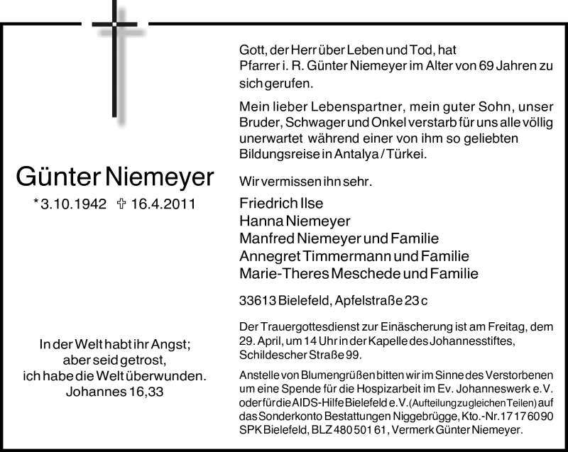  Traueranzeige für Günter Niemeyer vom 22.04.2011 aus Neue Westfälische