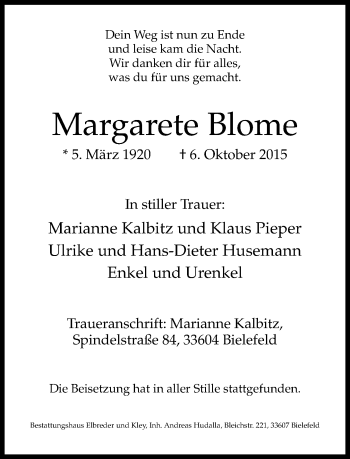 Traueranzeige von Margaret Blome von Neue Westfälische