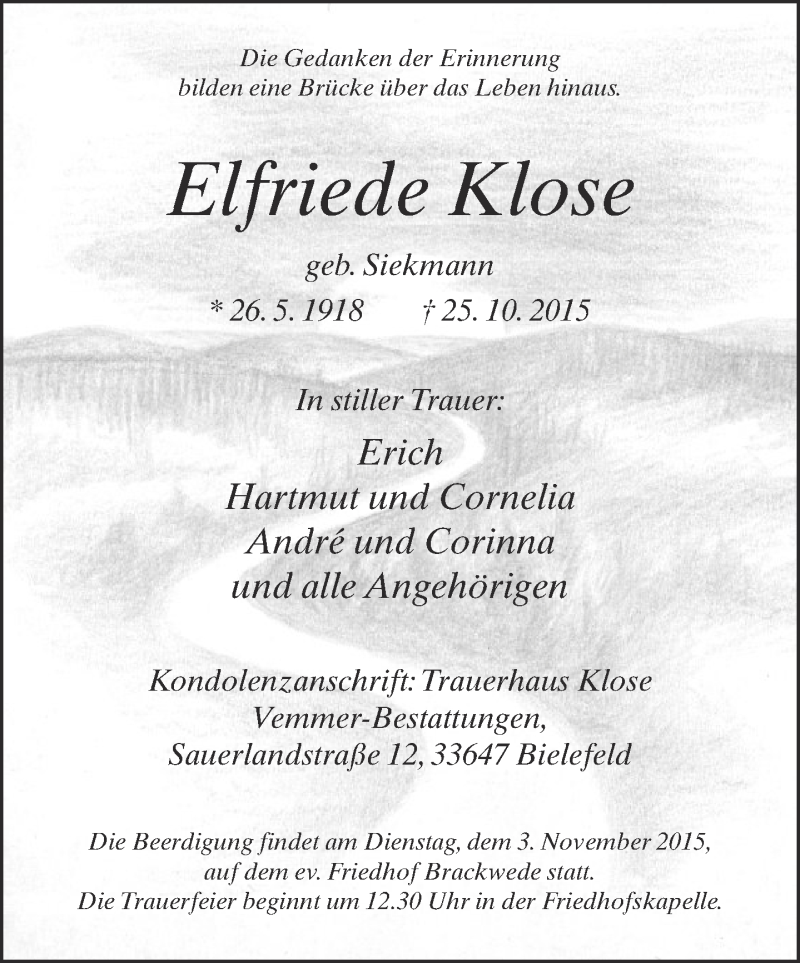  Traueranzeige für Elfriede Klose vom 31.10.2015 aus Neue Westfälische