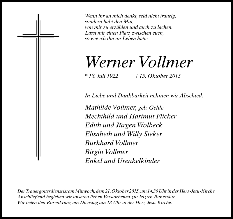  Traueranzeige für Werner Vollmer vom 19.10.2015 aus Neue Westfälische