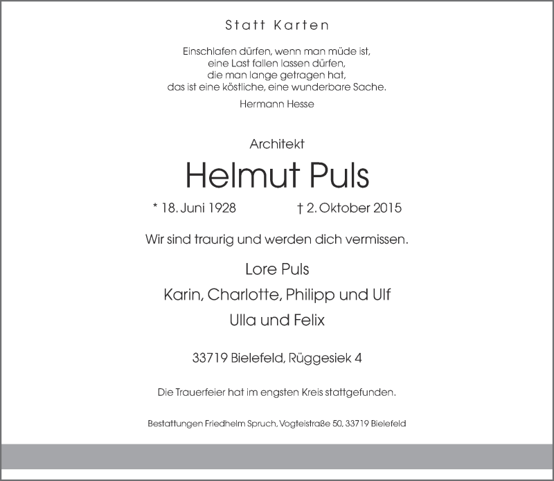  Traueranzeige für Helmut Puls vom 10.10.2015 aus Neue Westfälische
