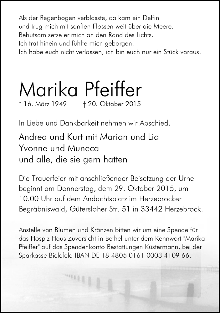  Traueranzeige für Marika Pfeiffer vom 24.10.2015 aus Neue Westfälische
