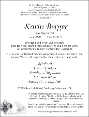 Traueranzeige von Karin Berger von Neue Westfälische