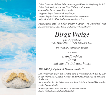 Traueranzeige von Birgit Weige von Neue Westfälische