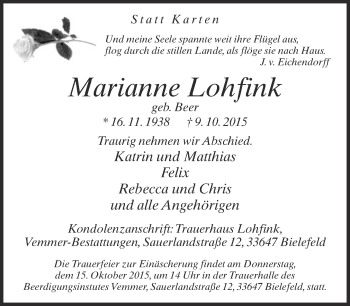 Traueranzeige von Marianne Lohfink von Neue Westfälische