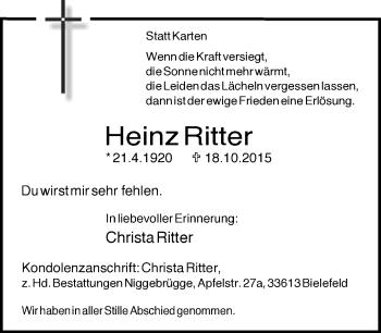 Traueranzeige von Heinz Ritter von Neue Westfälische