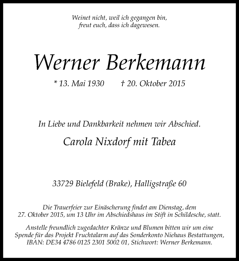  Traueranzeige für Werner Berkemann vom 24.10.2015 aus Neue Westfälische