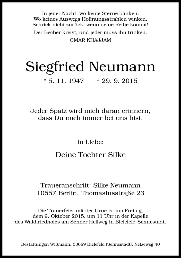  Traueranzeige für Siegfried Neumann vom 03.10.2015 aus Neue Westfälische