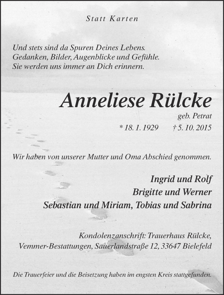  Traueranzeige für Anneliese Rülcke vom 20.10.2015 aus Neue Westfälische