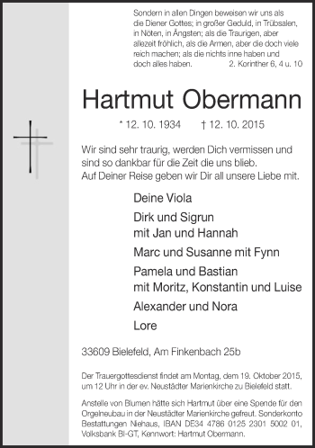 Traueranzeige von Hartmut Obermann von Neue Westfälische