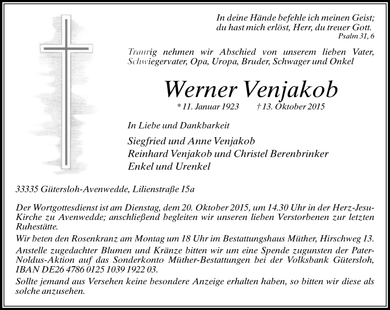  Traueranzeige für Werner Venjakob vom 16.10.2015 aus Neue Westfälische
