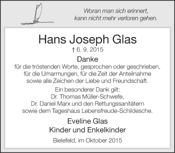 Traueranzeige von Hans Joseph Glas von Neue Westfälische