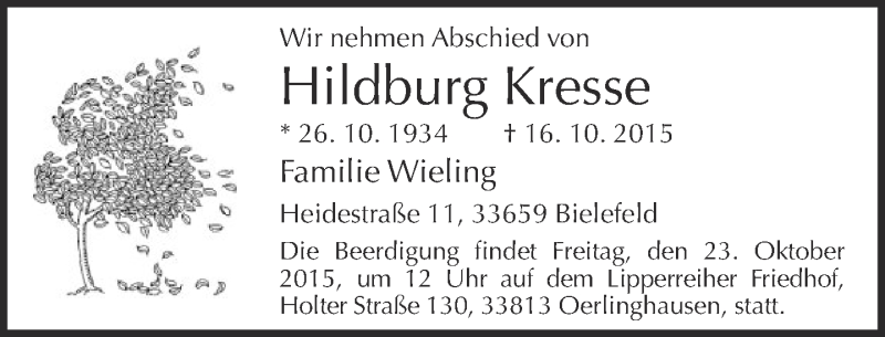  Traueranzeige für Hildburg Kresse vom 19.10.2015 aus Neue Westfälische