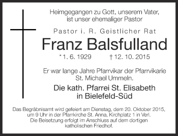 Traueranzeige von Franz Balsfulland von Neue Westfälische