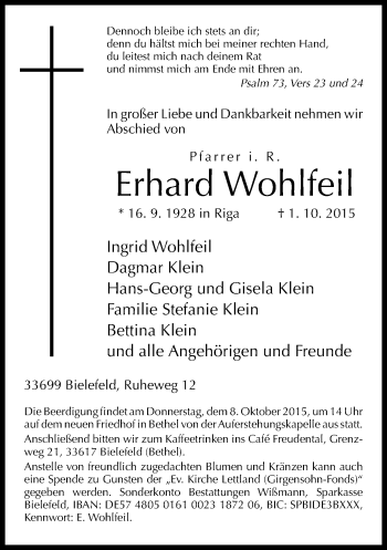 Traueranzeige von Erhard Wohlfeil von Neue Westfälische