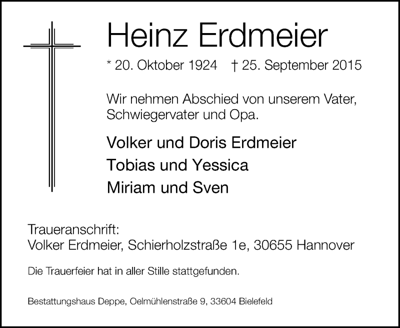  Traueranzeige für Heinz Erdmeier vom 07.10.2015 aus Neue Westfälische