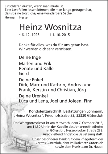 Traueranzeige von Heinz Wosnitza von Neue Westfälische