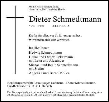 Traueranzeige von Dieter Schmedtmann von Neue Westfälische