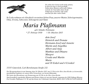 Traueranzeige von Maria Plaßmann von Neue Westfälische