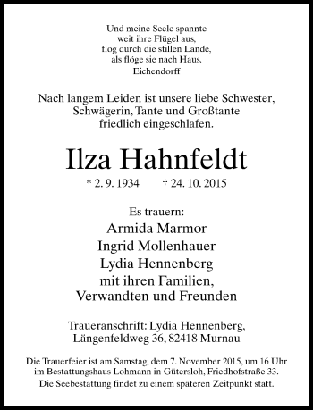 Traueranzeige von Ilza Hahnfeldt von Neue Westfälische