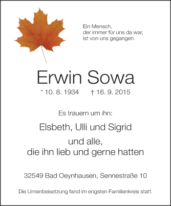 Traueranzeige von Erwin Sowa von Neue Westfälische