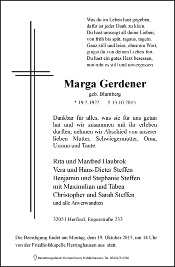 Traueranzeige von Marga Gerdener von Neue Westfälische