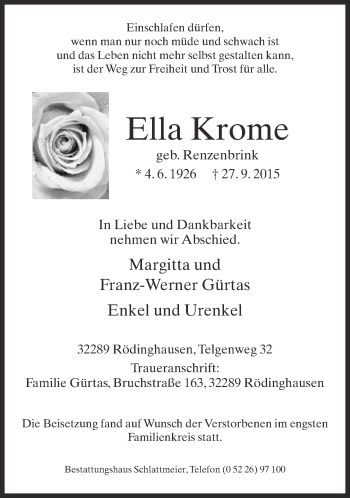 Traueranzeige von Ella Krome von Neue Westfälische