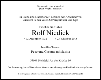 Traueranzeige von Rolf Niediek von Neue Westfälische