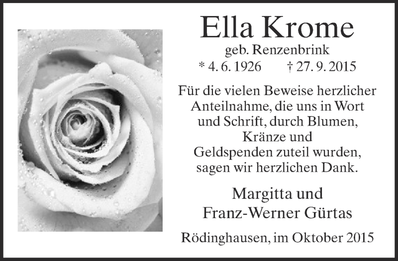 Traueranzeige für Ella Krome vom 31.10.2015 aus Neue Westfälische