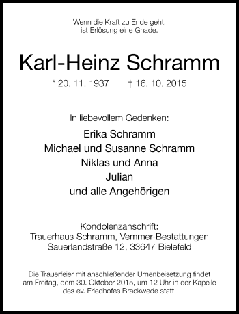 Traueranzeige von Karl-Heinz Schramm von Neue Westfälische