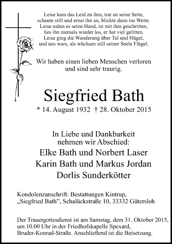 Traueranzeige von Siegfried Bath von Neue Westfälische