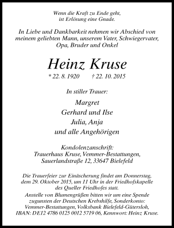 Traueranzeige von Heinz Kruse von Neue Westfälische