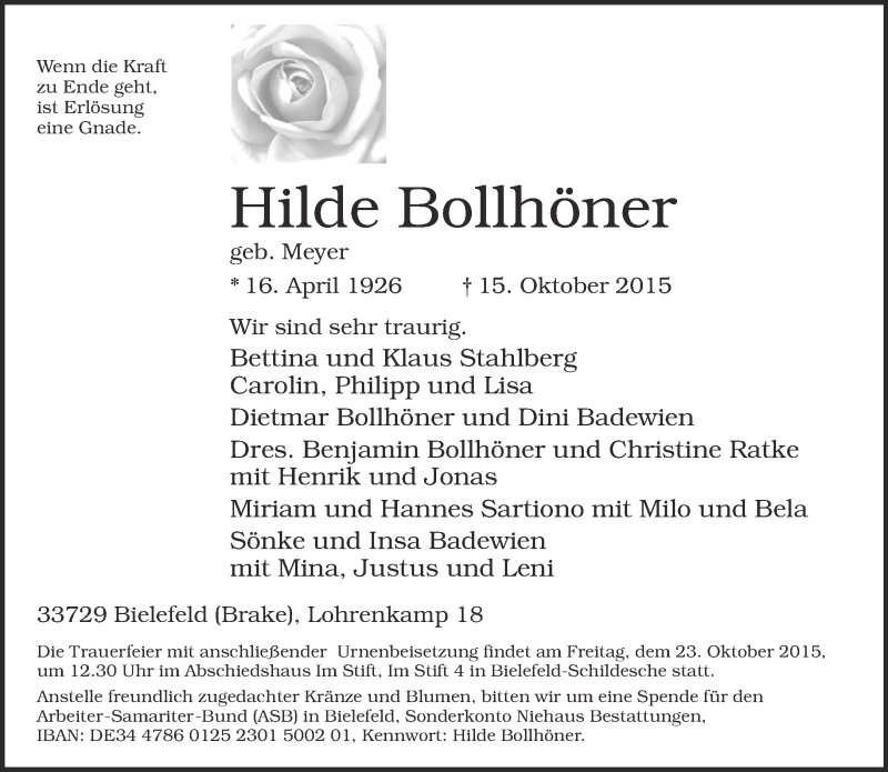  Traueranzeige für Hilde Bollhöner vom 17.10.2015 aus Neue Westfälische