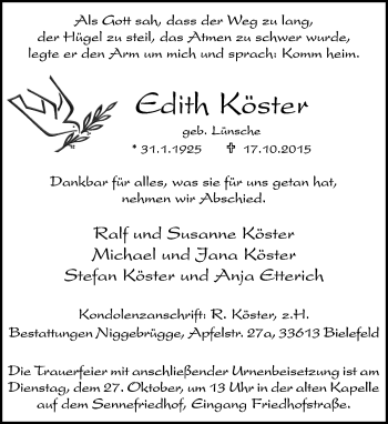 Traueranzeige von Edith Köster von Neue Westfälische