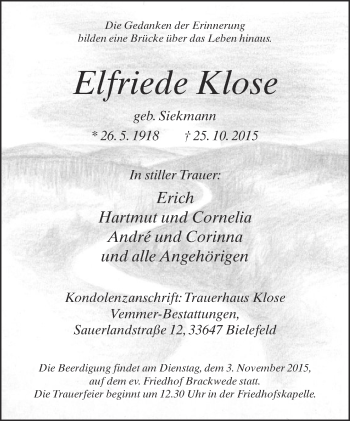 Traueranzeige von Elfriede Klose von Neue Westfälische
