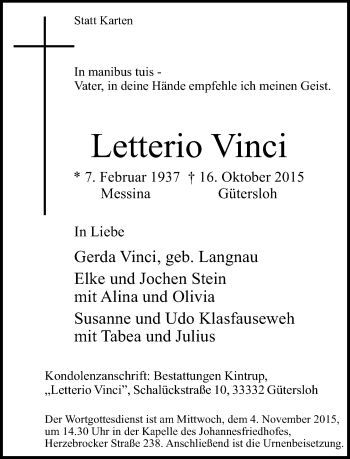 Traueranzeige von Letterio Vinci von Neue Westfälische