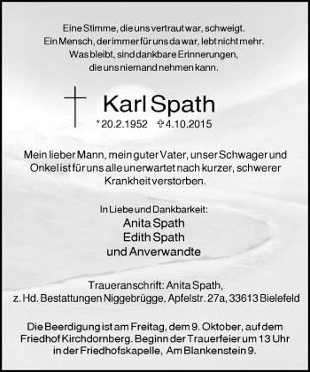Traueranzeige von Karl Spath von Neue Westfälische