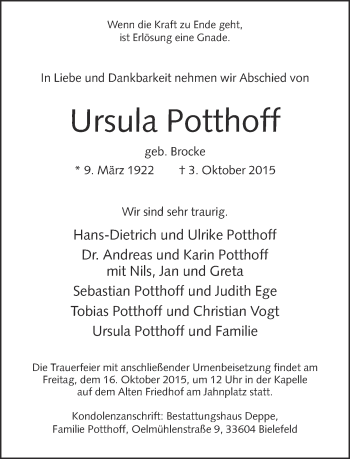 Traueranzeige von Ursula Potthoff von Neue Westfälische