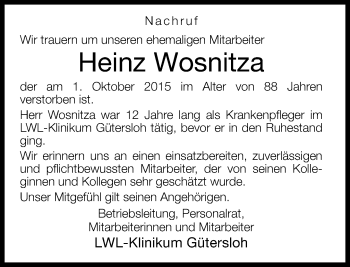Traueranzeige von Heinz Wosnitza von Neue Westfälische