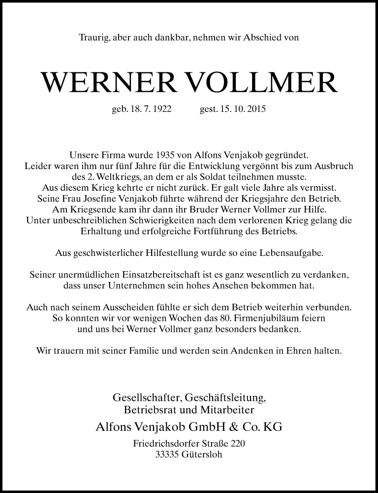  Traueranzeige für Werner Vollmer vom 20.10.2015 aus Neue Westfälische