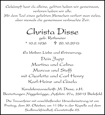 Traueranzeige von Christa Disse von Neue Westfälische