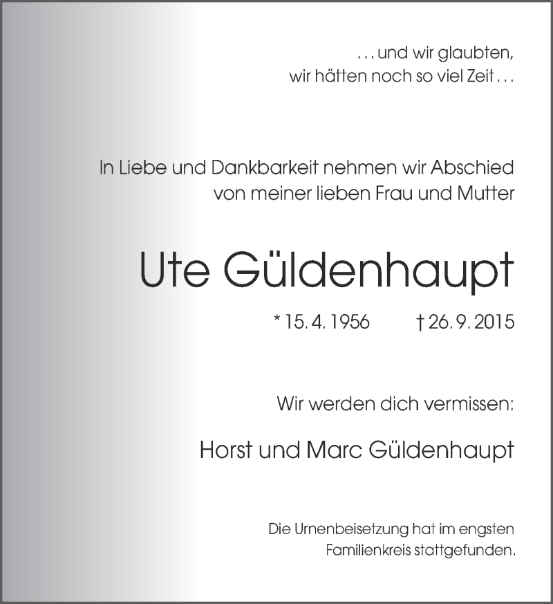  Traueranzeige für Ute Güldenhaupt vom 03.10.2015 aus Neue Westfälische