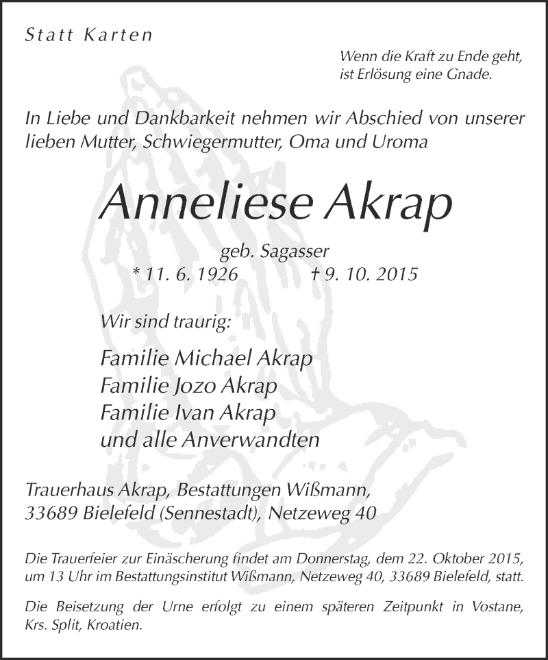  Traueranzeige für Anneliese Akrap vom 17.10.2015 aus Neue Westfälische