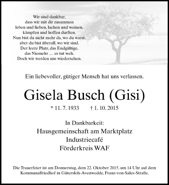 Traueranzeige von Gisela Busch von Neue Westfälische