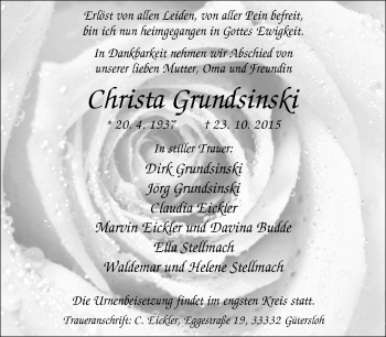 Traueranzeige von Christa Grundsinski von Neue Westfälische