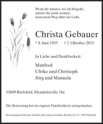 Traueranzeige von Christa Gebauer von Neue Westfälische