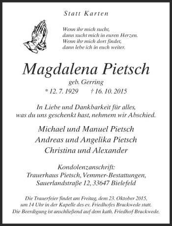 Traueranzeige von Magdalena Pietsch von Neue Westfälische