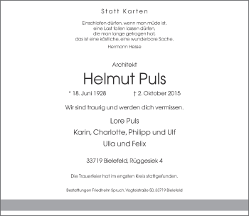 Traueranzeige von Helmut Puls von Neue Westfälische
