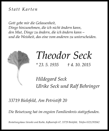 Traueranzeige von Theodor Seck von Neue Westfälische