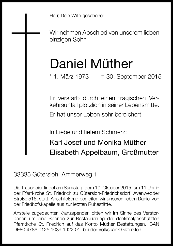  Traueranzeige für Daniel Müther vom 07.10.2015 aus Neue Westfälische